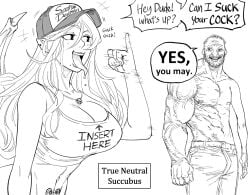 1boy 1girls 2022 abs absurd_res alignment_chart arrow bare_arms bare_shoulders baseball_cap bb_(baalbuddy) beard belt biceps big_right_arm breasts camisole cleavage clothes_writing clothing colorless coomer crop_top demon_girl demon_wings dialogue dungeons_and_dragons earrings english_text erection erection_under_clothes fellatio_gesture female female_focus fertility_symbol fuck-me_shirt greyscale hat highres imminent_sex inviting inviting_to_sex jewelry large_breasts leaning_forward long_hair long_tongue looking_at_another male meme midriff mole mole_under_mouth monochrome motion_lines muscles muscular muscular_male naughty_face navel necklace nipples oral_invitation original paizuri_invitation pants pendant pinky_out pointy_ears pubic_tattoo saliva saliva_drip sexually_suggestive shirt simple_background smile sound_effects spaghetti_strap speech_bubble standing succubus tattoo teeth text tongue tongue_out topless wet wet_clothes white_background wings