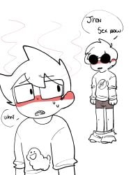 2boys anal bed before_sex blush clothed clothed_male dave_strider dialogue drool gay glasses headgear headwear heart homestuck instant_loss_2koma john_egbert korochubby male male_focus male_only moaning moaning_in_pleasure on_bed penetration sex shades short_hair short_hair_male sunglasses twink yaoi