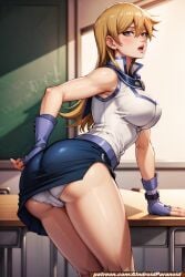 ai_generated aindroidparanoid alexis_rhodes ass ass_focus ass_grab ass_up blonde_hair breasts gold_eyes huge_ass huge_breasts massive_breasts narrowed_eyes nipples panties skirt stable_diffusion tenjouin_asuka uniform wide_hips yu-gi-oh! yu-gi-oh!_gx