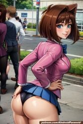 ai_generated aindroidparanoid anzu_mazaki ass ass_focus ass_grab blue_eyes brown_hair from_behind huge_breasts nipples outdoors outside panties short_hair sitting skirt smile stable_diffusion street tea_gardner tits_out topless yu-gi-oh!