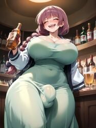 2024 ai_generated big_breasts big_thighs bocchi_the_rock! braid bulge dress dress_bulge drunk futanari green_dress hiroi_kikuri huge_breasts huge_cock huge_thighs low-angle_view memch0 sharp_teeth