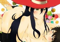 1boy areola ayaka_kagari barefoot black_hair blush breasts brown_eyes female green_eyes hat large_breasts sex straddle takamiya_honoka toes witch witch_craft_works