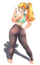 1girls ass blonde_hair blue_eyes earrings gym_clothes large_ass looking_back mario_(series) omiiverse ponytail princess_peach red_panties v_sign white_background