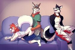 anthro blue_eyes blush canine casual closed_eyes coyote drommat female fur furry group hair husky linahusky male open_mouth penetration red_hair sex skirt smile sofa straight threesome tongue tongue_out white_fur