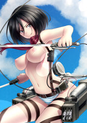 1girls attack_on_titan black_eyes black_hair breasts clothes color day dual_wielding female female_only grey_eyes hair holding holding_sword hourglass_figure kai_(link2262) large_breasts looking_at_viewer mikasa_ackerman nipples open_eyes outdoors overhand_grip short_hair sky solo striped striped_panties sword underwear weapon