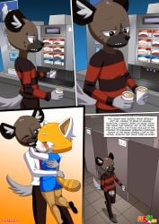 a_prison_called_freedom_(comic) aggressive_retsuko aggretsuko anthro bbmbbf blush clothed comic couple female fully_clothed fur34 furry haida haida_(aggretsuko) hyena loving_couple male male/female palcomix retsuko sanrio sfw skirt tagme