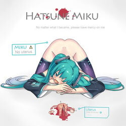 anatomy ass_up blood blue_eyes blue_hair castration english_text female hair hatsune_miku mutilation open_mouth ovaries pain solo text uterus vocaloid what