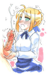 artoria_pendragon blonde_hair blush breasts censored cleavage cum cum_in_mouth cumdrip erect_nipples erection fate/stay_night fate_(series) female handjob kikuta large_breasts long_hair male penis saber sex straight