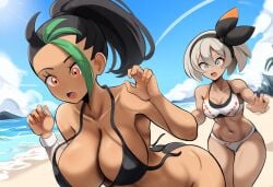 2girls ai_generated bea_(pokemon) beach big_breasts bikini dark-skinned_female dark_skin mullon nemona_(pokemon) novelai pokemon pokemon_ss pokemon_sv summer surprised wardrobe_malfunction water