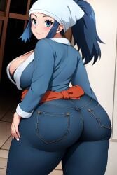 ai_generated akari_(pokemon) ass_focus big_ass big_breasts blue_eyes blue_hair blue_jeans blush busty cleavage creatures_(company) curvy denim_jeans female female female_only from_behind from_side game_freak headwear hi_res highres huge_ass jacket jeans long_sleeves looking_back nintendo pokemon pokemon_(game) pokemon_legends:_arceus pokemon_trainer ponytail seraphim_ai smile solo stable_diffusion thick_thighs tight_jeans
