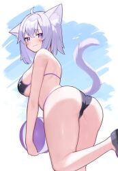 ass big_ass big_breasts bikini cat_ears cat_tail catgirl deaver from_behind hololive hololive_gamers hololive_japan looking_at_viewer looking_back nekomata_okayu sideboob swimsuit teasing underboob virtual_youtuber