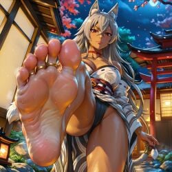 ai_generated dark-skinned_female foot_fetish foot_focus foot_worship ghislaine_dedoldia japan_castle japanese_clothes stable_diffusion toe_ring yukata