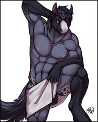 abs anthro arm_behind_head balls biceps dakota equine exposed feralise furry horse male male_only muscles solo towel