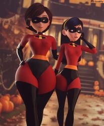 2girls 3d 3d_(artwork) blender_(software) body_suit clothed costume daughter disney female female_only halloween halloween_2023 halloween_costume halloween_decoration helen_parr leotard milf mother mother_and_daughter nipple_bulge pixar pumpkin sideass smitty34 superhero superheroine the_incredibles thick_thighs violet_parr voluptuous_female wide_hips