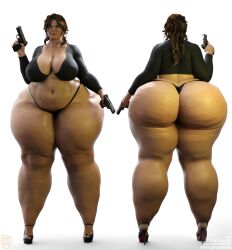 1girls ass back_view bbw big_ass big_breasts bottom_heavy breasts cellulite cleavage fat female front_view grimmspring gun high_heels huge_ass lara_croft overweight overweight_female platform_heels solo thick_thighs tomb_raider wide_hips