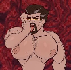 1boy big_breasts big_breasts big_chest big_pecs briarwood busty glowing_eyes hairy_cleavage huge_breasts huge_chest huge_pecs jokihoshi licking_hand male male_breasts male_only male_tits solo solo_male two_tone_hair vampire