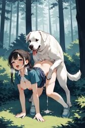 1boy 1girls ai_generated breasts canine cum doggy_style domestic_dog female female_on_feral forest human_on_feral male male/female male_on_human panties school_uniform sex white_dog zoophilia