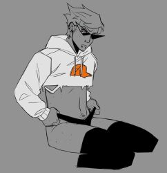 1boy color crop_top dirk_strider freckles homestuck hoodie looking_at_viewer male male_focus male_only masculine panties partially_colored short_hair short_hair_male sickhoondr solo solo_male spiky_hair stockings sun thigh_highs thighhighs