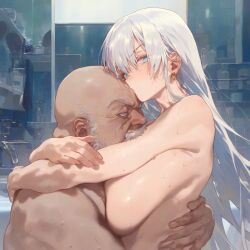 1boy 1girls ai_generated areolae bath bathroom big_breasts blue_eyes blush breasts ear_piercing earrings fat_man hug huge_breasts hugging kiss kissing_head long_hair old_man older_man_and_teenage_girl shower water white_hair