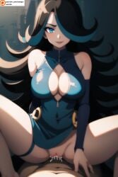 ai_generated big_breasts black_hair blue_eyes blue_hair female game_freak milf nintendo omega-weirdo one_eye_covered patreon pokemon pokemon_oras shelly_(pokemon) shelly_(pokemon_oras) smile straddling team_aqua