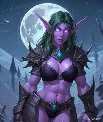 ai_generated armor artas9972 bra elf elf_ears elf_female elf_girl glowing_eyes green_hair moon night night_elf panties pussy_juice warcraft wet wet_pussy world_of_warcraft