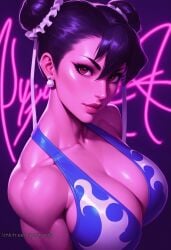 ai_generated aipornarts big_breasts chun-li close-up earrings high-angle_view lips looking_at_viewer muscular_female street_fighter street_fighter_v underwear upper_body