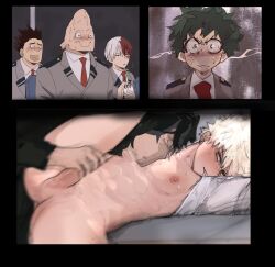 6boys blonde_hair classroom darkline handjob katsuki_bakugou leg_up lying male_focus male_only my_hero_academia notebook penis_grab presenting shouta_aizawa taking_notes teacher_and_student watching writing