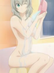 binbougami_ga! breasts female green_eyes grey_hair ichiko_sakura large_breasts nude sakura_ichiko screencap short_hair solo