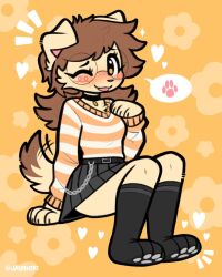 1girls alternative_fashion amber_eyes anthro belt_chain black_footwear black_skirt blush brown_eyes brown_fur brown_hair buttercup_(jayrnski) canid canine choker cute cute_expression cute_face cute_fang cute_girl dog_ears dog_girl dog_tail female female_focus female_only flower flowers furry glasses heart_symbol hearts jayrnski jumper mammal necklace paw_socks simple_background skirt sticking_out_tongue sweater tagme tail tan_fur thick_ass thick_thighs wagging_tail watermark winking ~