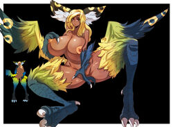 avian big_breasts black_fur blonde_hair blue_feathers breasts brown_eyes claws dark-skinned_female dark_skin feathers female fur green_feathers hair harpy hindpaw huge_breasts lips liquidxlead long_hair looking_at_viewer no_humans nude paws pussy red_eyes sitting solo standing talons thick_thighs thighs uncensored white_fur wings yellow_feathers