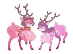 2023 4:3 animate_inanimate antlers bell big_breasts breasts brown_hair bulge busty_feral deer digital_media_(artwork) duo eyewear feral feral_only glasses gynomorph hair hi_res horn inanimate_transformation inflatable intersex living_inflatable mammal new_world_deer permagrin pink_body quadruped reindeer simple_background smile subakitsu white_background