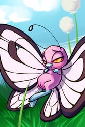 antennae arthropod blush butterfly butterfree carrot_(artist) chubby color day female flower grass insects masturbation nintendo outdoors pink_butterfree pokemon pokemon_(species) pussy pussy_juice red_eyes solo video_games