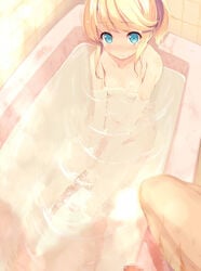 1boy bathing bathroom bathtub between_legs blonde_hair blue_eyes blush breasts censored esia_mariveninne female hand_between_legs komone_ushio nude original penis pov short_hair side_ponytail water