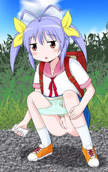 anus brown eyes miyauchi_renge non_non_biyori panties peeing purple_hair pussy tagme young