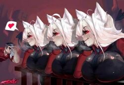 1boy 3girls big_breasts biting_lip cerberus_(helltaker) heart helltaker helltaker_(character) looking_at_viewer oiled red_eyes seductive seductive_smile shiny_skin sweat sweatdrop sweating tudduls white_hair