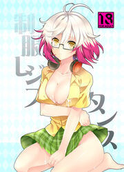 barefoot blouse breasts checkered_skirt cleavage cum cum_on_body cum_on_breasts cum_on_upper_body eyewear female glasses green_skirt headphones large_breasts multicolored_hair pascal plaid plaid_skirt rating red_hair shirt short_hair sitting skirt solo sumomo_(peach-breath) tales_of_(series) tales_of_graces two_tone_hair wariza white_hair yellow_blouse yellow_eyes yellow_shirt