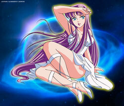 1girls ass athena_(saint_seiya) breasts busty female goddess green_eyes high_resolution legs locofuria long_hair long_image photoshop purple_hair saint_seiya saori_kido shounen_jump smile solo thighs vector_trace