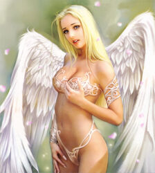 angel angel_wings armor artist_request beige_skin blonde_hair blue_eyes character_request cleavage color feathers female female_only hair lipstick long_hair looking_at_viewer monster_girl nail_polish open_eyes sad shouxuefeiteng_(online) solo source_request standing tears wallpaper wings