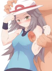 armpit_sex blush breasts brown_eyes brown_hair censored female hat holding holding_hat human_only leaf_(pokemon) long_hair outercourse penis pokemon pokemon_frlg pokemon_rgby rei_oe skin_tight sleeveless sleeveless_shirt sweat wristband