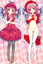 :o animal_ears bird_wings blush breasts capelet checkered christmas dakimakura dress elbow_gloves female foot_wings fur_trim gloves hat hina_(dakemakura) large_breasts lying mystia_lorelei naked_cape nipples nude on_back pantyhose pink_hair purple_eyes pussy red_gloves santa_costume santa_hat short_hair skirt skirt_removed thighhighs touhou uncensored white_legwear winged_hat wings