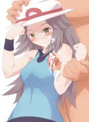 armpit_focus armpit_sex armpits blush breasts brown_eyes brown_hair censored cum cum_on_armpit cum_on_clothes cum_on_hair empty_eyes female hat holding holding_hat human_only leaf_(pokemon) long_hair outercourse penis pokemon pokemon_frlg pokemon_rgby rei_oe skin_tight sleeveless sleeveless_shirt sweat wristband