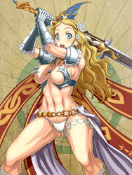 1girls abs armor armpit arms_up bare_shoulders blonde_hair blue_eyes breasts cape cleavage code_of_princess crown eyelashes flower gloves hair_ornament human large_breasts long_hair looking_at_viewer midriff navel open_mouth panties revealing_clothes shunzou solange_blanchefleur_de_lux solo surprised sword weapon