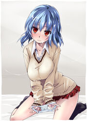 black_legwear blue_hair blush breasts cum cum_on_hair facial female hayate_no_gotoku! kisairo_kaede large_breasts looking_at_viewer no_shoes panties panties_removed plaid plaid_skirt red_eyes school_uniform short_hair skirt solo suirenji_ruka sweater underwear