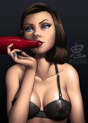 1girls bioshock bioshock_infinite blue_eyes bottle bra breasts brown_hair burial_at_sea cleavage elizabeth_comstock elizabeth_comstock_(burial_at_sea) female ketchup nipples oni_(artist) see-through see-through_bra sexually_suggestive solo