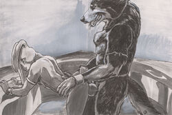 2014 anal anal_sex anthro anus ass bareback bent_over biceps big_muscles big_penis bracers canine claws dbruin erection from_behind fur furry furry_only gay greyscale lagomorph looking_back male monochrome muscles nipples no_humans nude open_mouth paws penetration penis rabbit sex smile standing tongue unsure wolf