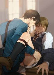 2boys anal brown_hair clothed clothing dom!will gay half-dressed hannibal hannibal_lecter hannigram homosexual male male/male male_only multiple_males on_back on_desk on_top sex will_graham yaoi