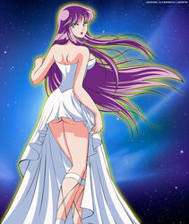 1girls ass athena_(saint_seiya) breasts busty female goddess green_eyes high_resolution legs locofuria long_hair long_image no_panties photoshop purple_hair saint_seiya saori_kido shounen_jump smile solo thighs vector_trace