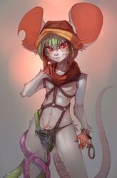 anthro big_ears blush bondage_gear cum cum_on_self fluff-kevlar fur furry green_hair hair handcuffs looking_at_viewer male male_only mouse partially_clothed penis puinkey red_eyes rodent smile solo standing tentacle white_fur zipi