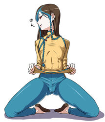 1boy blue_hair blue_pants braid brown_hair bulge color crossdressing dialogue erection femboy feminine_male flats front_view human japanese_text king_of_fighters kneeling long_hair looking_at_viewer male male_focus male_only multicolored_hair nagiichi pale-skinned_male presenting red_eyes shion_(kof) shoes simple_background small_penis snk solo speech_bubble text translated trap white_background yellow_shirt