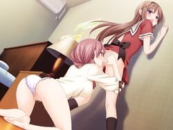 2girls :o anilingus ass ass_grab blue_eyes blush brown_hair censored cousins feet female hair incest kitajima_kaede kitajima_sara multiple_girls oral panties panties_aside peko purple_eyes pussy_juice socks sono_hanabira_ni_kuchizuke_wo tongue yuri